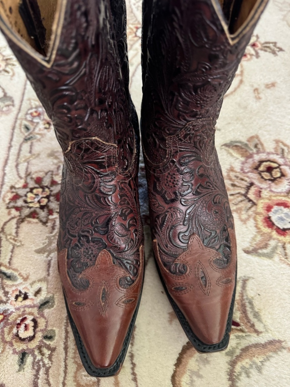 Women's Brown Tooled Leather Pointed Heeled Boots